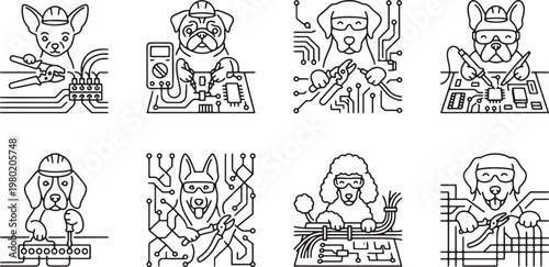 Technical dog engineers repairing electronic circuit boards with hardware tools and equipment
