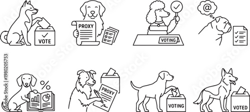 Democracy and corporate governance dog characters participating in voting and elections