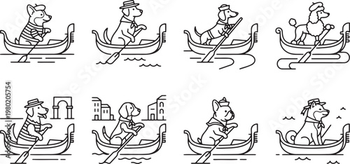 Set of cute dog characters acting as gondoliers rowing traditional Venetian boats