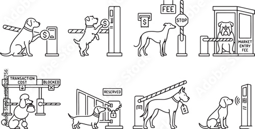 Dog characters paying transaction fees at security gate and market entry barriers