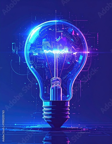 A futuristic light bulb illustration showcases a complex network of digital circuitry and glowing filaments, symbolizing innovation and technological advancement.