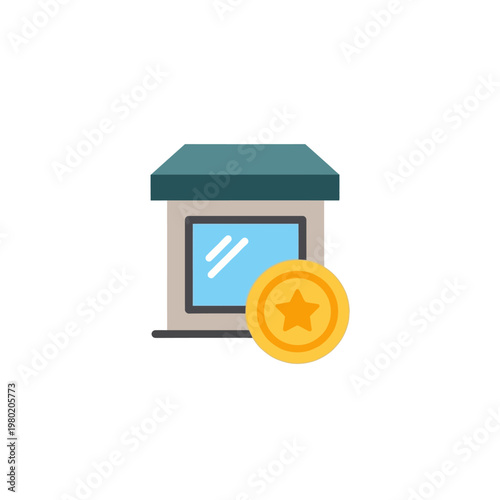 Creative flat vector icon of a storefront featuring a shiny golden coin with a star, ideal for showcasing exclusive business services or customer loyalty benefits and rewards programs