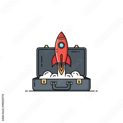 Red rocket blasting off from an open briefcase, symbolizing business startup and rapid growth