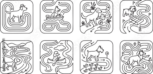 Dogs navigating through complex mazes and following intricate trail paths