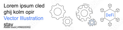 Decentralized systems, financial innovation, blockchain technology, peer-to-peer networks, automation, fintech. Gears and nodes interconnected with DeFi text. Decentralized systems and financial