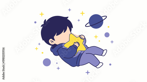 Adorable little boy floating asleep in outer space while embracing a star, vector illustration.