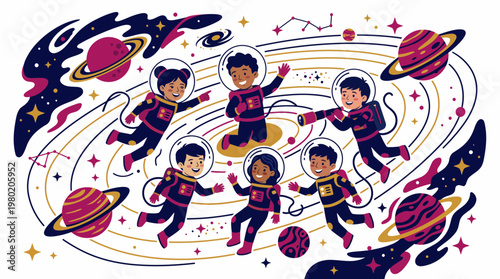 Diverse group of happy children in astronaut suits floating together in space, vector illustration.