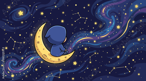 Little character sitting on a moon watching a flowing starry night sky, vector illustration.