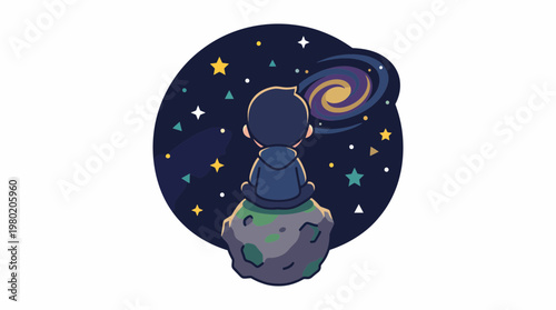 Cute character sitting on an asteroid looking at a spiral galaxy in the night sky, vector illustration.