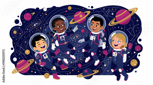 Four diverse cute kids in spacesuits floating among planets and stars, vector illustration.