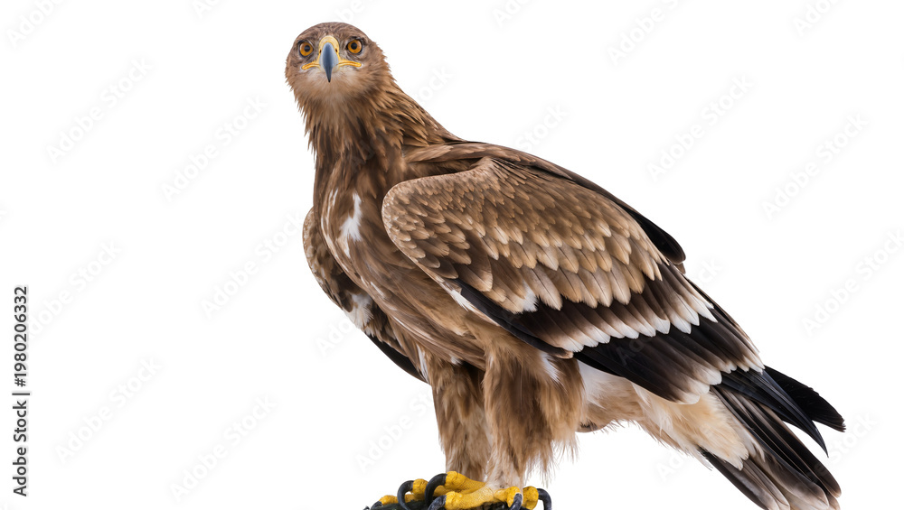 Obraz premium Isolated majestic brown eagle, a powerful raptor with an intense and direct gaze, standing