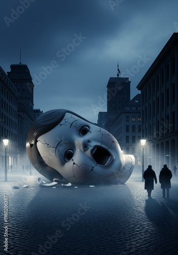 sculpture of a giant head in a city square