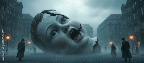 sculpture of a giant head in a city square