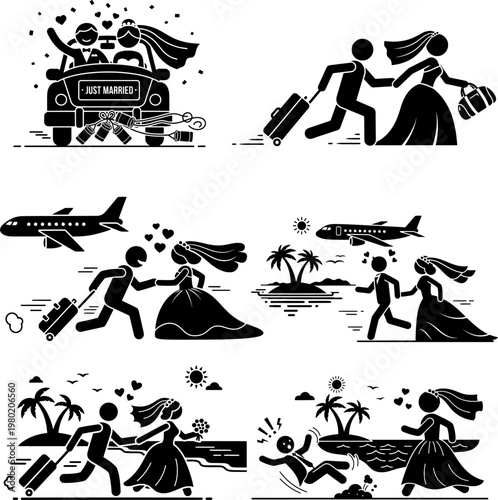Newlywed Couple Honeymoon Travel Icons Set Bride Groom Vacation Silhouette