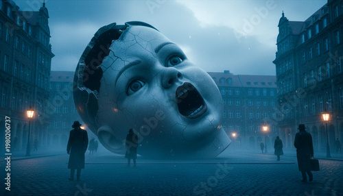 sculpture of a giant head in a city square
