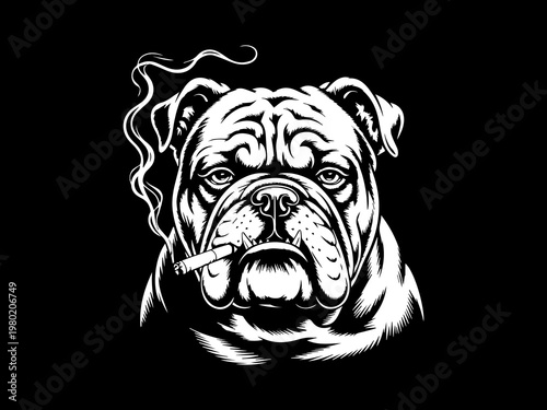 Cool English Bulldog Smoking a Cigar Illustration, Tough Dog Mascot Silhouette for Streetwear and Retro Apparel