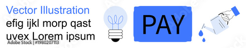 Creative thinking, financial transactions, eco-awareness, business services, innovation, environmental care. Lightbulb, pay button water pouring. Creative thinking and financial transactions through