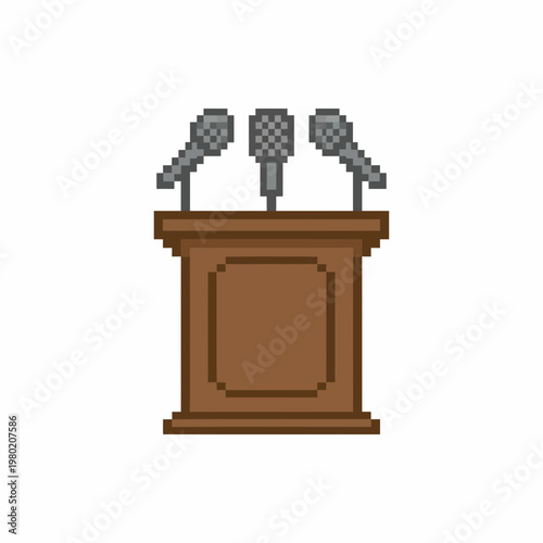 Three microphones sit atop a wooden podium icon for public speaking events.