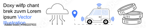 Cloud technology, self-driving cars, fintech, digital payments, smart connectivity, innovation trends. Cloud with data lines, a car with GPS signals and coin stack. Cloud technology and autonomous