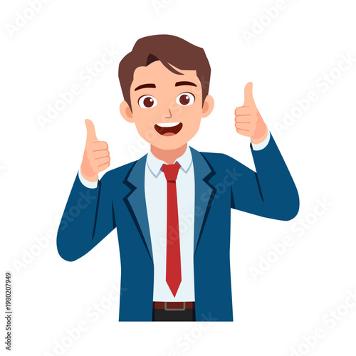 Young male businessman smiling cheerfully giving double thumbs up gesture expressing approval happiness success