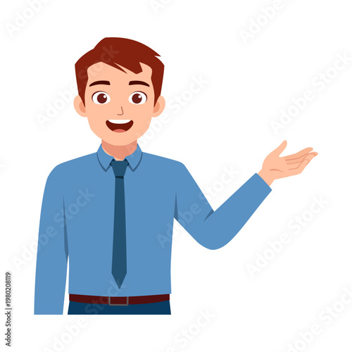 Happy young man in blue shirt and tie smiling widely presenting or explaining with an open hand and welcoming gesture