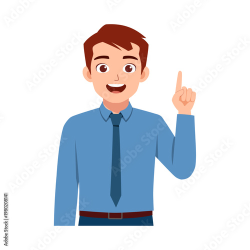 A smiling young man pointing his finger up expressing a good idea in a friendly happy mood