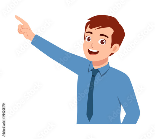 Happy smiling man pointing finger upwards showing direction wearing blue shirt and tie cheerful expression
