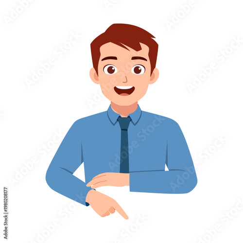 Happy young man in a blue shirt and tie smiling cheerfully pointing down with his finger