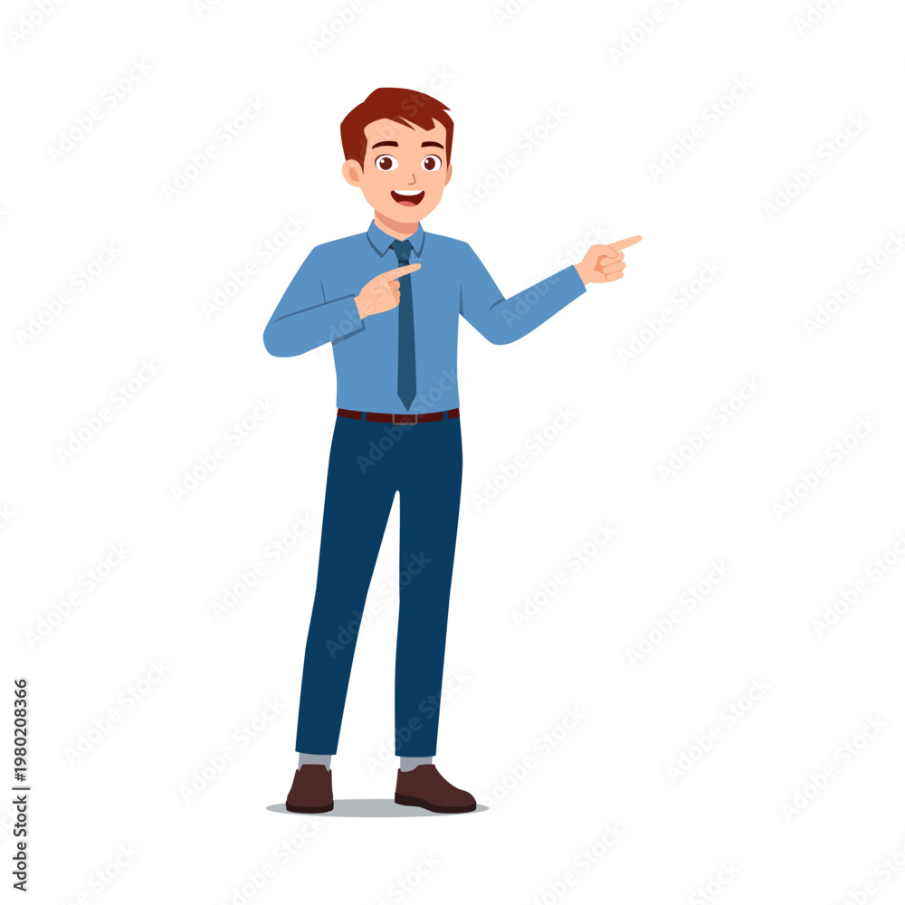Fototapeta premium Young smiling man pointing with both hands cheerfully in a friendly helpful pose full body on white