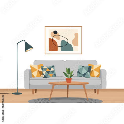 Modern Living Room Interior with Cozy Sofa Floor Lamp and Wall Art