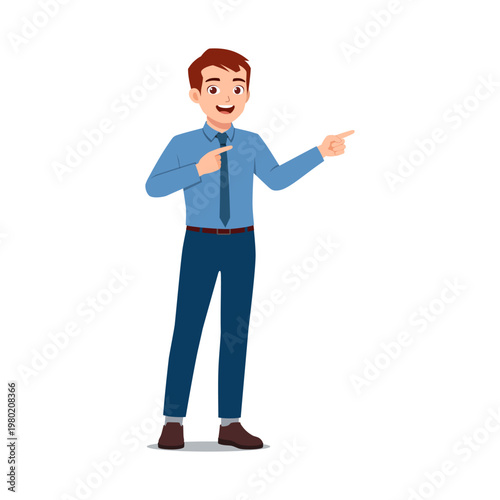 Young smiling man pointing with both hands cheerfully in a friendly helpful pose full body on white