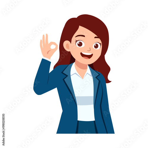 Young business woman making an OK hand gesture smiling cheerfully and looking confident a happy positive person