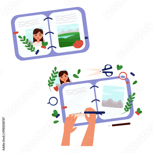 Vector illustration of a homemade travel album. A cartoon notebook for recording memories with flowers, leaves, and travel photos