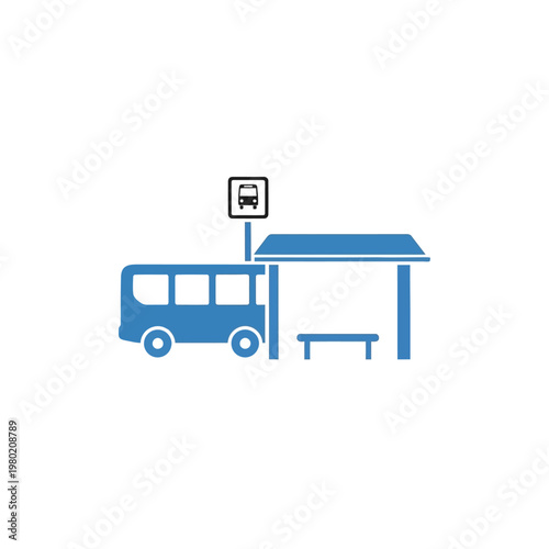 Bus Stop Icon with Blue Bus and Shelter Illustration