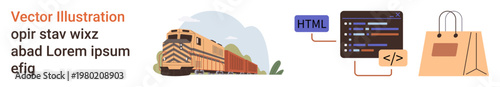 Transportation, coding, ecommerce, logistics, programming, trade. Train on tracks, code snippets shopping bag with handles. Transportation and coding concepts for modern trade and logistics
