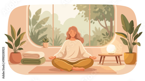 Calm Meditation Scene in Cozy Home Environment Soft Color Illustration