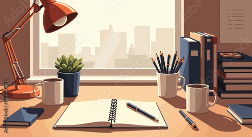 Desk with office supplies.