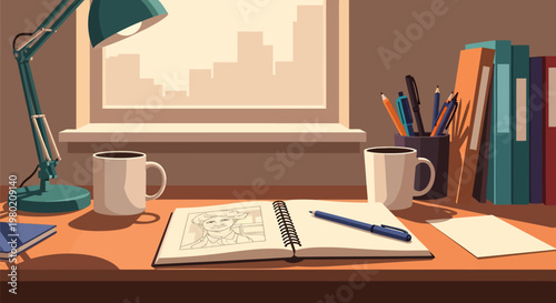 Desk with office supplies.