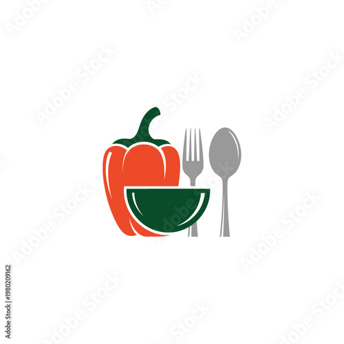 Red Bell Pepper With Fork Spoon And Bowl For Healthy Eating.