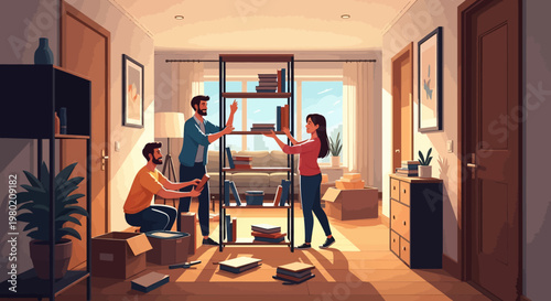 Family assembling furniture together.