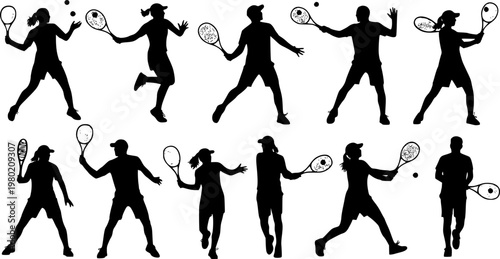 A set of men and women tennis players silhouette on white background. Vector illustration
