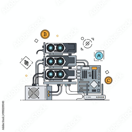 Advanced Cryptocurrency Mining Rig with Cooling System and Digital Components
