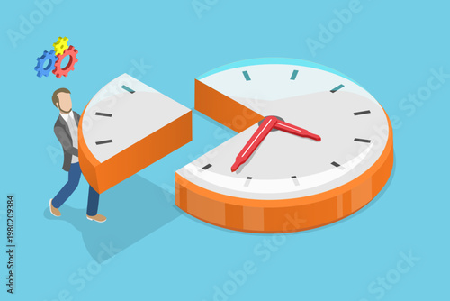 3D Isometric Flat Vector Illustration of Time Allocation, Efficient Project Planning, Businessman Isolates Time From Large Clock To Boost Productivity
