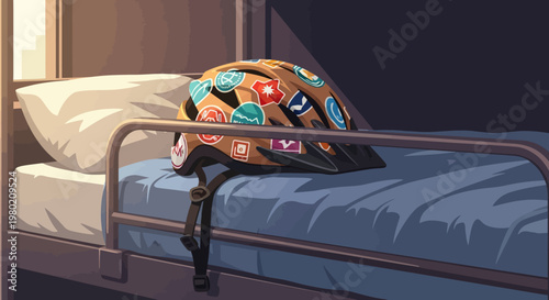 Helmet on Hospital Bed.