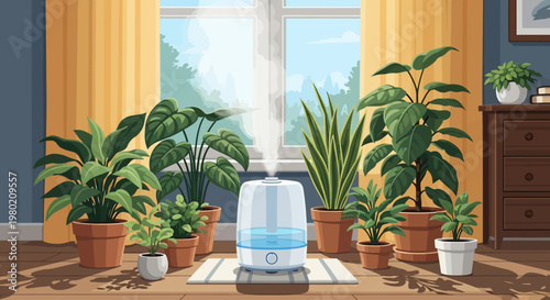 Humidifier with houseplants indoors.