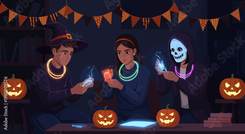 Kids in Halloween costumes.