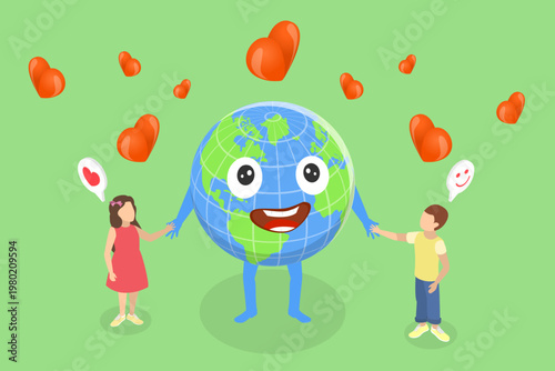 3D Isometric Flat Vector Illustration of Happy Earth With Kids, Joyful Earth Character Embracing Kids Amid Hearts Symbolizing Planet Love.