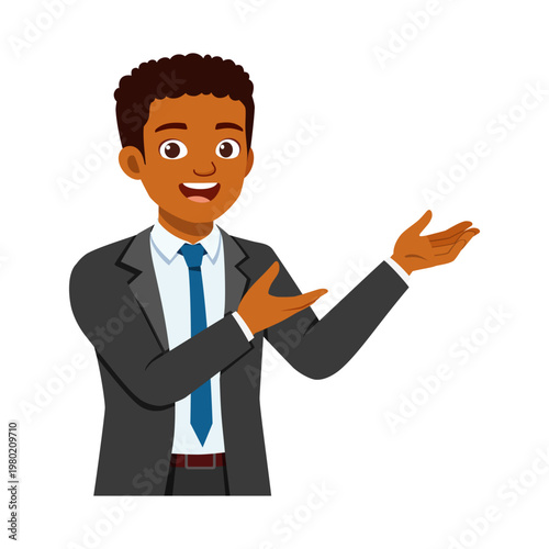Smiling African American man in suit presenting cheerfully with outstretched hands
