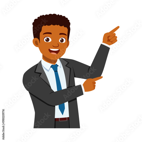 Smiling African American Businessman Pointing Upwards with Both Hands Happy Expression