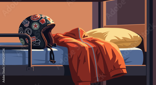 Motorcycle Helmet on Bed.